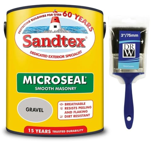 DRW Gravel Microseal Smooth Masonry Paint 5L+3 Brush | Exterior Wall Paint for Brick Render Concrete and Stone | Long Lasting Weather Protection | Smooth Matt Masonry Finish for Exterior Walls
