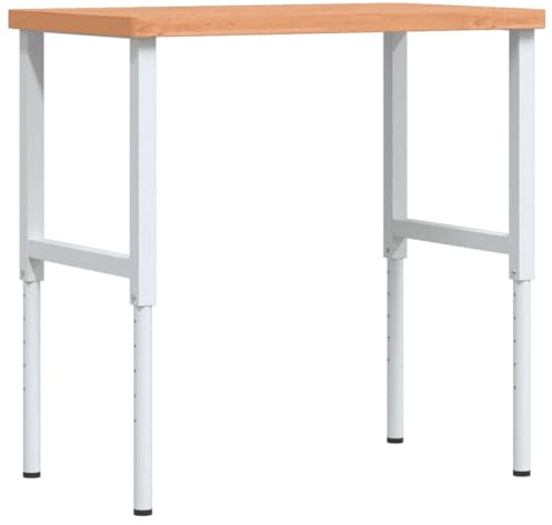 Banco da lavoro in legno di faggio massiccio, 100 x 60 x (73-99,5), regolabile in altezza, con robusto telaio in metallo, tavolo da lavoro rettangolare per officina, garage, fai da te e sala hobby