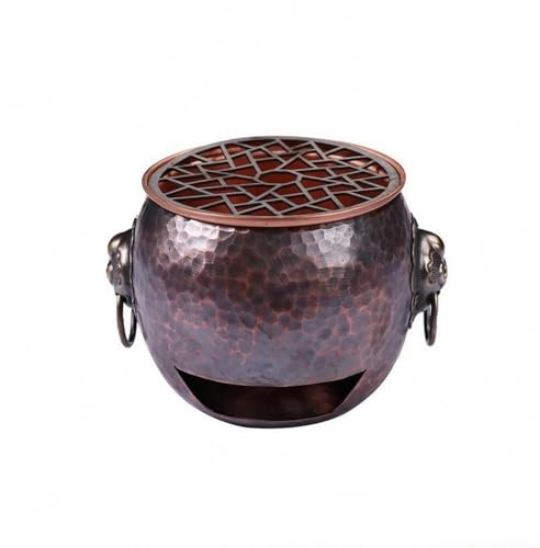predolo Portable Mini Briquette Heater Hammered Metal Shell Round Grate Side Loop Handles Front Port Copper And Stainless Steel, Tall Charcoal Stove