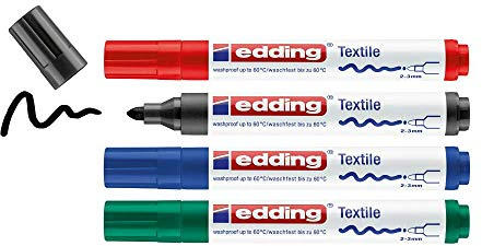 edding 4500 Textilmarker - schwarz, rot, blau, grün - 4 Stück - Rundspitze 2-3 mm - Textilstifte waschmaschinenfest (60 °C) zum Stoff bemalen - Stoffmalstift