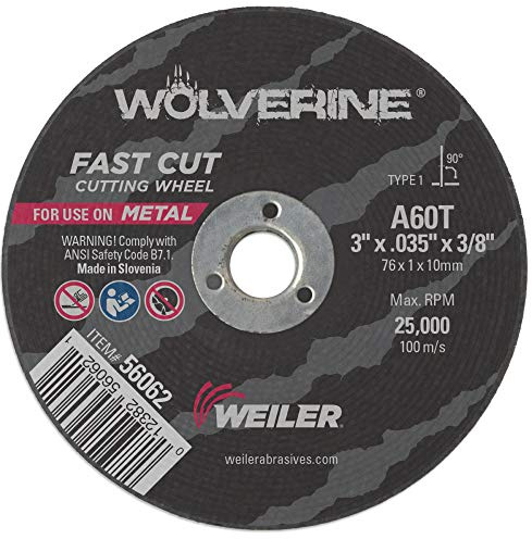 Weiler 56062 3-Inch Cutting Wheel, Wolverine AO Steel/Metal Fast Cut, Value Cutting, 0.035 A60T Type 1 3/8 Arbor (Pack of 100)