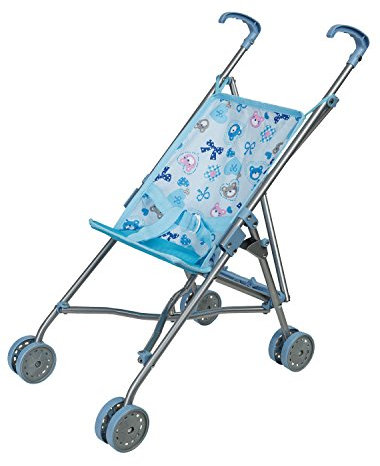 Idena - Puppenbuggy zusammenklappbar, Blauer Bezug mit niedlichem Märchenmotiv, Schiebehöhe ca. 55 cm