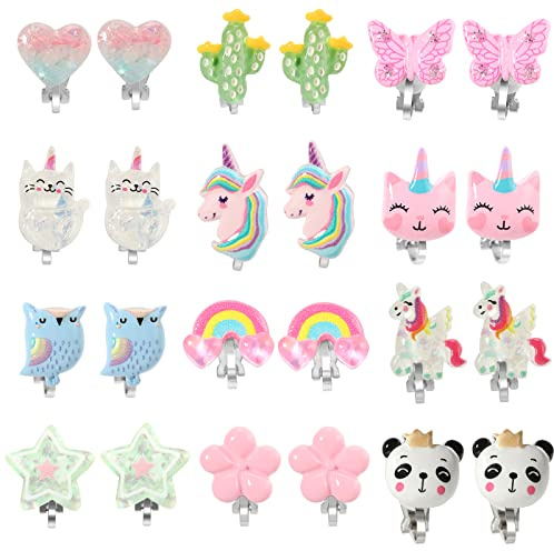 PinkSheep Pendientes de clip para niñas, 12 pares de diseños de unicornio, mariquita, arco iris y princesa para niñas mayores de 16 años