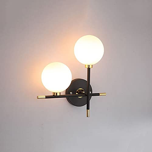 Xungzl Finitura nera del metallo LED Illuminazione da parete da interno a doppia testa, flappina di vetro bianco a forma di globo, applique da parete, creativo anti-ruggine a parete interna, lampada d