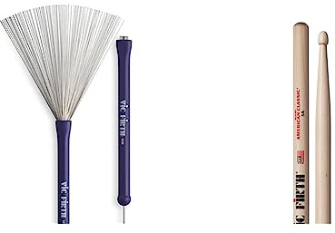 Vic Firth Retractable Wire Heritage Brush - Purple & 5A American Hickory Wood Tip Drumsticks