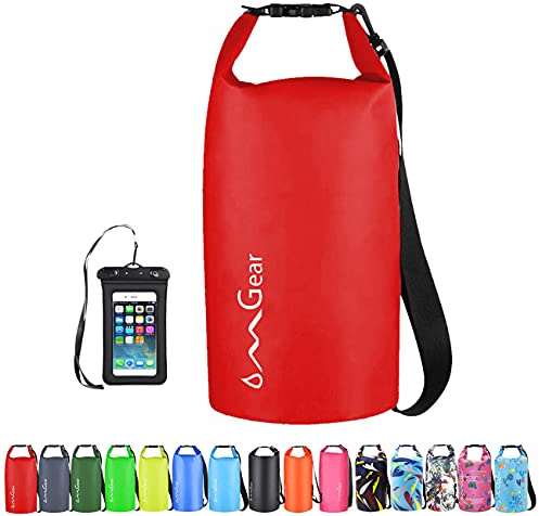 OMGear Dry-Bag-Rucksack mit Handyhülle, wasserdichter Trockensack 40 L/30 L/20 L/10 L/5 L, Kajakfahren, Bootfahren Segeln, Kanu, Rafting, Wandern, Camping, Outdoor-Aktivitäten (Rot, 30 L)