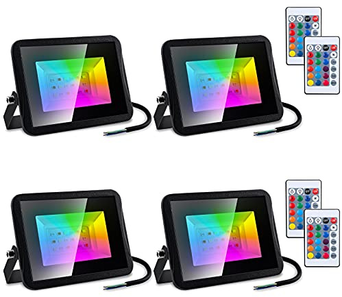 SWANEW 30W Focos LED RGB de Exterior 4 Pack, 16 Color 4 Modos con Control Remoto, IP66 Impermeable con Control Remoto, Función de Memoria, Luz Decoración DJ Fiesta Espectáculo