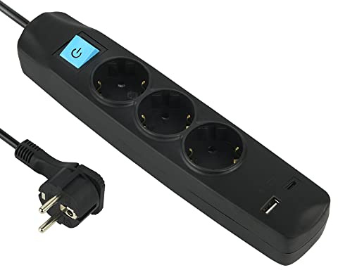 Electraline 62164 Steckdosenleiste 3-Fach Schuko mit Schalter + 2 USB 3.4A 17W (1 Typ A + 1 Typ C), Kabel 1.5M / Mehrfachsteckdose/Tischsteckdose Steckerleiste, Extra Flacher Stecker