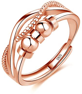Loutade Silber Anxiety Rings, 925 Sterling Silber Angst Ringe, Offen Einstellbar Anti-Angst Dekompressionsringe, Unendlichkeit Spinner Fidget Ringe Rosegold Damen, Zappelring Fidget Ring mit 5 Perlen