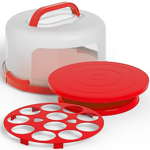 Cake Cupcake Carrier with Lid and Handle + Cake Stand Plate with Dome | 10 Round Cake Container Holder with Cover | Plastic Pie Carrier Cake Storage Container | Bunt Keeper Platter Tray for Transport