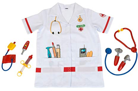 Theo Klein 4312 Panoplie docteur I Blouse de médecin en taille unique I Avec tensiomètre, stéthoscope, seringue et beaucoup plus encore ... I Longueur : env. 55 cm I Jouet pour enfants de 3 à 6 ans