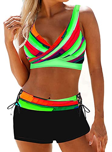 Dream Room Badeanzug Damen, Damen Zweiteiliger Bikini Set Damen Push Up Bikini Sets Hohe Taille Swimmwear Über Kreuz Swimsuit Sets Sport Zweiteilig Bademode mit Kontrast Besatzt