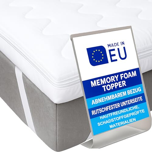 Pillows24 Topper 90x200cm, Memory-Schaum, 6cm hoch, Anti-Rutsch, Waschbar | Matratzentopper mit Fixierbändern & abnehmbarem Bezug, rutschfester Unterseite, Made in EU, Matratzenauflage