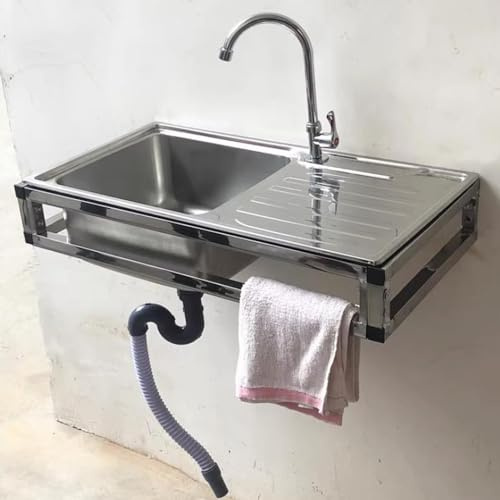 COKYIS Evier Utilitaire Mural En INOX, Evier De Cuisine Multifonction Avec Plate-Forme D'exploitation, Evier Exterieur À Une Cuve Pour Laundry Room