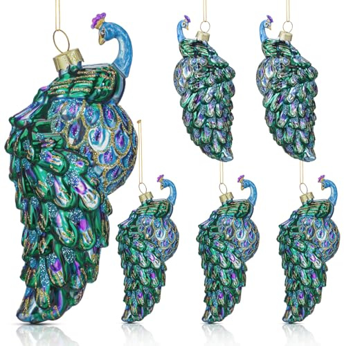Funtery 6 Stück Pfau Weihnachtsschmuck 7 cm Vintage Glas Weihnachtsschmuck Lila Pfau Glitzer Vogel Dekorationen für Weihnachtsbäume Kränze Girlande Bauernhaus Heimdekoration