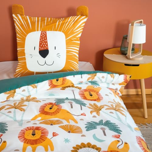 Parure de lit 140x200 cm Enfant - Housse de Couette 140x200 cm + 1 Taie d'oreiller 63x63 cm Motif imprimé Lion Jaune et Vert – Set de Housse de Couette en Microfibre