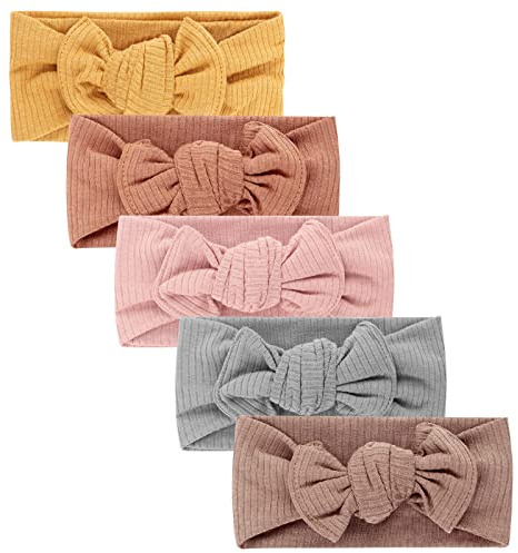 DRESHOW 5 Paket Nylonpannband för Nyfödda Babyflickor och Småbarn Hårband och Rosetter Hårtillbehör för Barn