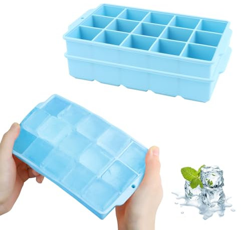 JOPHEK Bandejas de Cubitos de Hielo, 2 Piezas 30 Cubos Silicona Moldes para Cubitos de Hielo, Cubitos de Hielo Cuadrados Grandes de 3,5cm para Cócteles, Whisky, Vino, Frutas, Puré de Frutas
