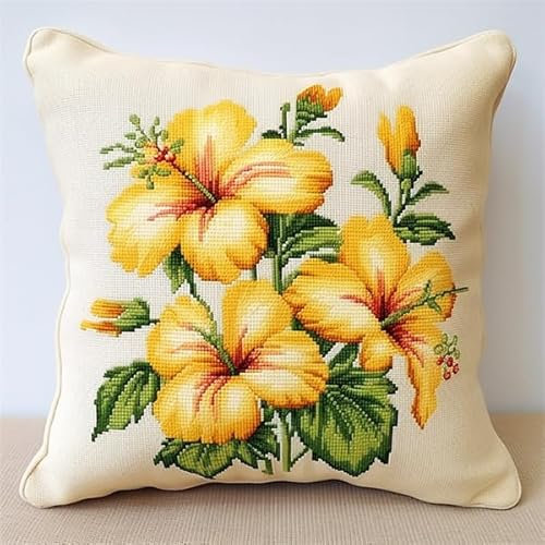 Lfynior DIY Kreuzstichkissen Blume Stickkissen zum Selbersticken 45X45cm Stickpackung Stickset Kreuzstich Kissen zum Basteln Stickkissen Stickpackung mit Vorgedruckt Kreuzstichmotiv