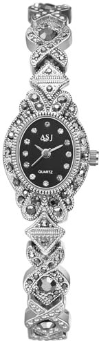 JewelryWe Damenuhr Vintage Diamant Uhr: Schwarz Glitzer Zirkonia Analog Quarz Armbanduhr Damen Klein Schmal Metallarmband Retro Lässige Uhr mit Bling Strass Ovalem Gehäuse Silber