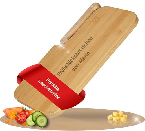 Planche à découper personnalisée en bois « pique-nique » - Planche à petit-déjeuner durable en bambou avec couteau à casse-croûte intégré - Idée cadeau personnalisée pour hommes, femmes, grand-père et