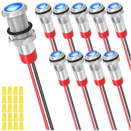MKBKLLJY 10Pcs 6mm DC 12-24V 1A Blue LED Metal Indicator Light Waterproof Signal Lamp with 150mm Cable Length Metal LED Indicator Light and Wiring Cap for Car Interior Trucks Boats Engine taillight