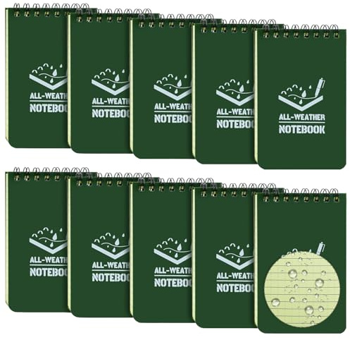 10-pack vattentäta anteckningsböcker, 3 x 5 tum fickanteckningsblock, allväders-fickanteckningsbok, mini-spiralanteckningsblock för skrivande i regn med rutnät, steno-memoblad för utomhusbruk, kontor
