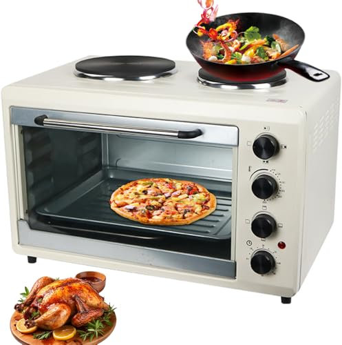 56L Mini Oven, 2000W Electric Countertop Cooker with Double Hotplate Hob and Grill Rack, Adjustable Temperature and Timer, Table Top Grill Ovens for Stir-fried Vegetables, Hot Pot and Grilling