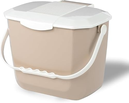 Nova Products Kitchen Compost Bin – 2 Gallon (8L) Countertop Food Waste Container | Ergonomic Handle | Beige Base with White Handle | Easy to Clean Design | Made from Durable HDPE
