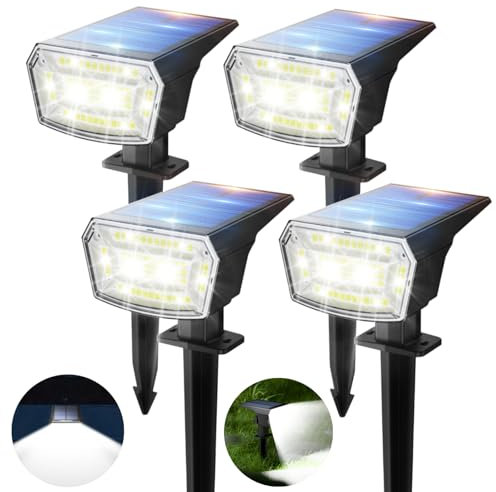 TECKNET 4 Pezzi Luci Solari da Giardino, 59 LED Super Luminosi 6500K, 3 Modalità di Illuminazione, Impermeabili IP65, Faretti Solari da Giardino Adatte per Viali, Cortili e Prati