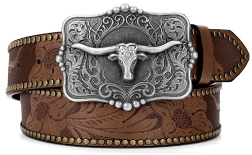 SUOSDEY Western cowboy läderbälten för män kvinnor Texas långhorn tjurspänne blommig graverat präglat läderbälte för jeans, Kaffe (silverspänne), Fit waist size 31-34