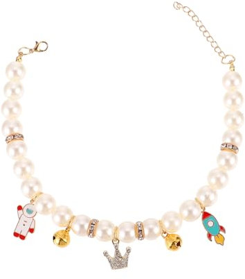 HOUDERCO Pet Pearl Necklace Bell Collar Handmade Crown Design Adjustable Cat Collar for Girls Kitten and Puppy Decorative Neck Ornament