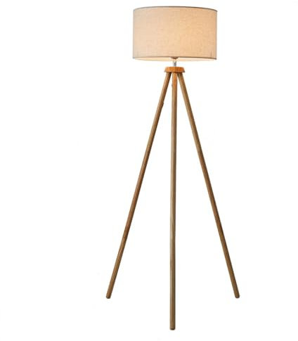 ZJHAHJY Lampadaire trépied en Bois, lampadaire Milieu du siècle, Lampe sur Pied LED Moderne à intensité Variable avec Abat-Jour en Lin Beige pour Salon, Chambre et Bureau