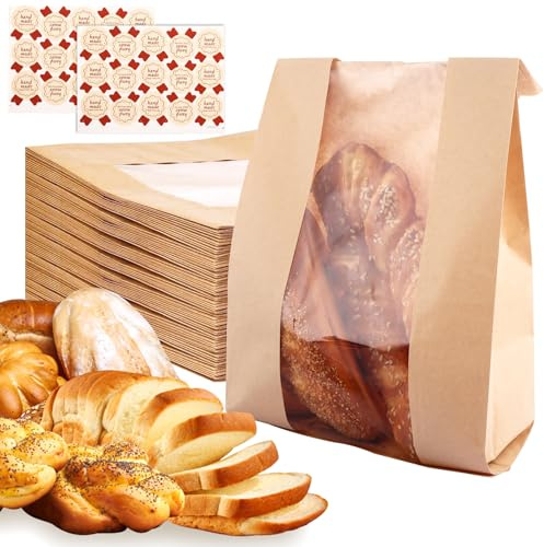 AKOLAFE 100 Pcs Bread Bag Paper Bread Storage Bag with Window, 35x21x10cm Reusable Bread Bags for Homemade Bread, Kraft Paper Bakery Bags with 105 Sealing Stickers for Bread Cookies Snacks Storage