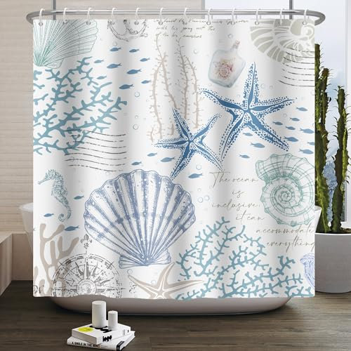 Kzzfqxb 90x183cm Cortinas de Ducha para niños, Impermeable Vida Marina Estrella de mar Caparazón Concha de Coral Mundo Submarino, Ganchos de Tela de poliéster con, Decoración Azul Blanca para baño
