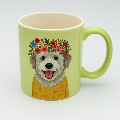 Genérico Taza Decorativa de Cerámica con Perrito Panda y Flores, Amarilla Pastel, para Café y Té (Verde pastel con diseño de perro (terrier) con flores)