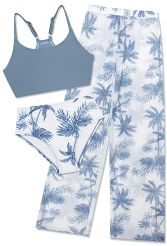 Shekini Costume da bagno da ragazza, 3 pezzi, stampato, set bikini a vita alta con pantaloni copricostume, Blu, 14 anni