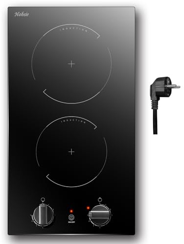 Plaque Induction avec Boutons, Hobsir Plaque de Cuisson électrique avec Prise, Double Zones Table de Cuisson Encastrable 30CM, Commande à Boutons, Table Cuisson 2 Foyers, Prise électrique, 230V
