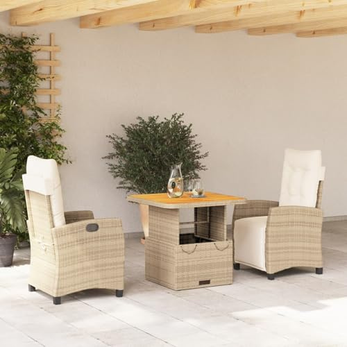 IKAYAA Balkonmöbel Set mit 1 Tisch & 2 Verstellbare Hochlehner Stühlen, Polyrattan Gartenmöbel Set für 2 Personen, Terrassenmöbel Set, Sitzgarnitur 3er Set für Balkon Beige Type-3