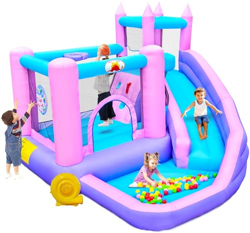 WELLFUNTIME Inflatable Bounce House, Bouncy Castle with Slide, Kids Jumping Castle with Blower, Ball Pit, Climbing Wall, Dartboard, Basketball Hoop, 108x122x86 Inch