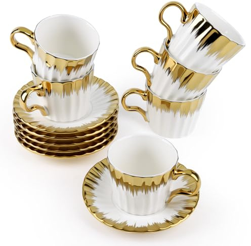 Hebaogugu Coffee Cup Set of 6 with Saucers, 3.5 OZ Ceramic Espresso Cups, Deco Golden Turkish Coffee Cup Gift for Cappuccino, Latte, Cafe Mocha and Tea, Dishwasher & Microwave Safe (Gold Trim)