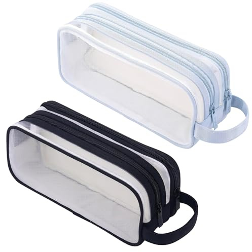 MLPKOI 2 PCS Clear Pencil Case for Exams, Transparent Pencil Case Large Capacity Pen Bag with Compartments Zipper for Student School College Office