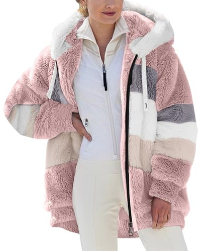 Generisch Fleecejacke Damen Winterjacke Damen Teddy Fleece Mantel Warm Gefüttert Kapuzenpullover Flauschig Plüschjacke Sweatshirt mit Kapuze und Taschen Reißverschluss Winterjacke Oversized