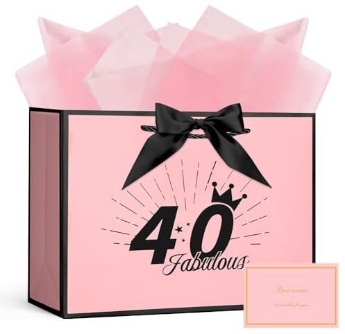 AOOSU Geschenktüte 40 Geburtstag, Papier Geschenktüten mit Schleife + 1 Grußkarten +3 Seidenpapier, Rosa Geschenktaschen Frauen 40th Birthday Gift Bag, Papiertüten mit Henkel für Damen, Mädchen