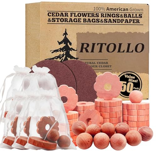 RITOLLO 50pcs Cedarwood Moth Repellent Set – 30 Cedar Wood Flower Garlands Rings + 20 Balls + 2 Sandpapers | Natural for Wardrobes, Drawers & Clothes Storage, Wardrobe Freshener