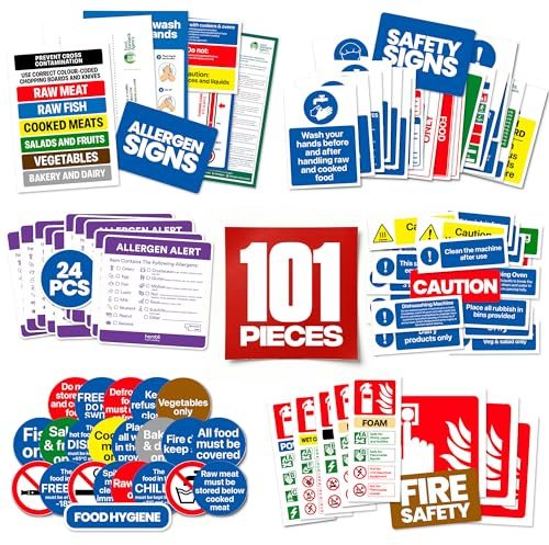 Kitchen Safety Signs 101pc Set - Self Adhesive Vinyl Food Hygiene Stickers | 77 signs, 24 labels, Waterproof, Heat and grease resistant, Colour coded prep zones, Fire and first aid signs