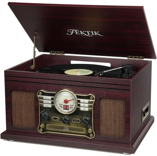 FEKTIK Lettore di dischi Bluetooth 10 in 1, Giradischi a 3 velocità con trasmissione a cinghia e altoparlanti, Ingresso e uscita Bluetooth, CD, Cassetta, Radio FM, Streaming wireless