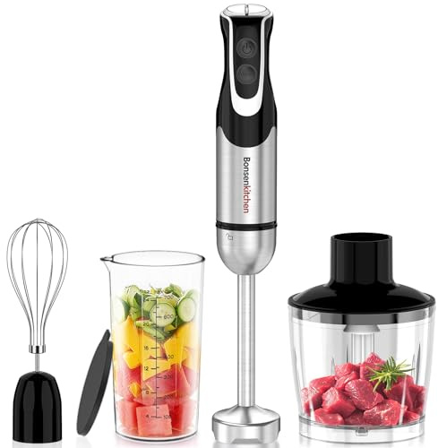 Bonsenkitchen Batidora de Mano 4 en 1, 1000W Batidora de Inmersión de Acero Inoxidable con 12 Velocidades y Función Turbo, Incluye Batidor, Vaso Medidor 700ml y Picador, Batidora Multifunción