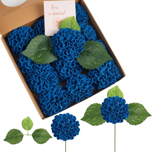 Sahoottie Flores artificiales de color azul oscuro, 12 unidades, dalias, flores artificiales como reales de 7,5 cm, hortensias, flores falsas, decoración para jarrón, arreglos, centros de mesa, bodas