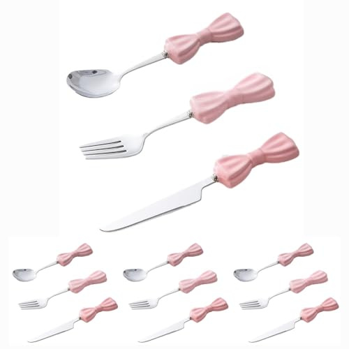 Set di Posate in Acciaio Inox e Ceramica con Papillon, Composto da Coltello, forchetta, Cucchiaio e cucchiaino (Rosa, 12 Pezzi)